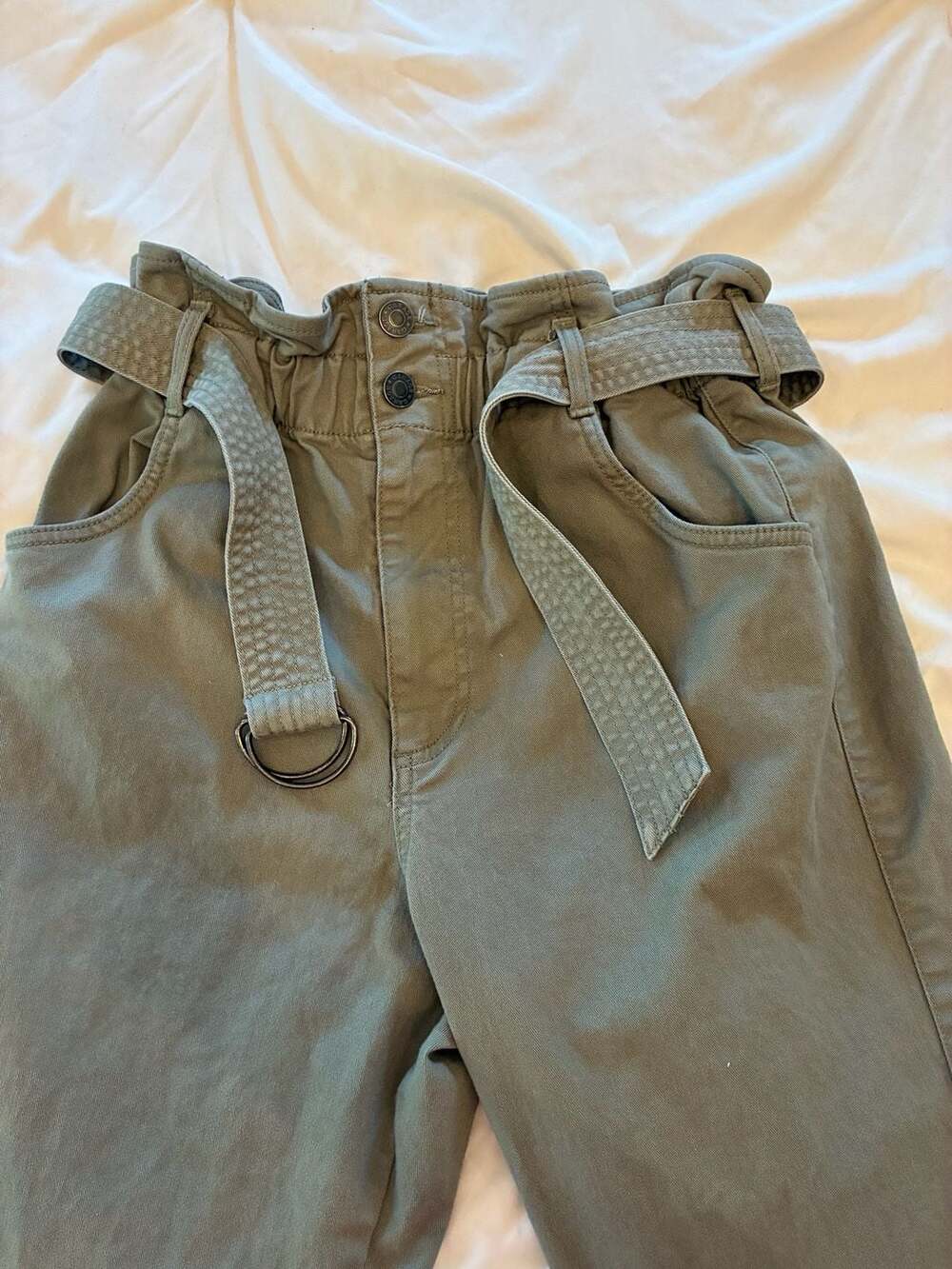 Garage Olive Green Paperbag Waist Belted Straight Leg Pants P/S